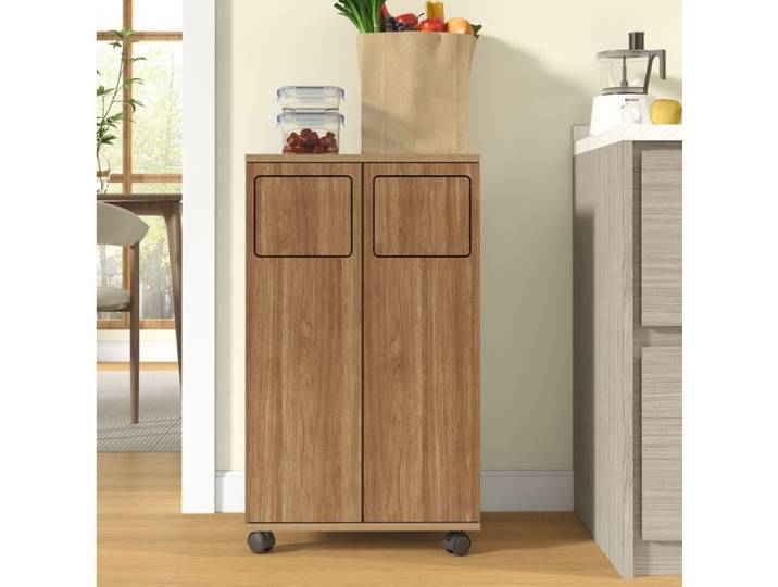 Desserte de cuisine à roulettes 2 portes avec plan de travail rangement intérieur effet bois marron JOINERY