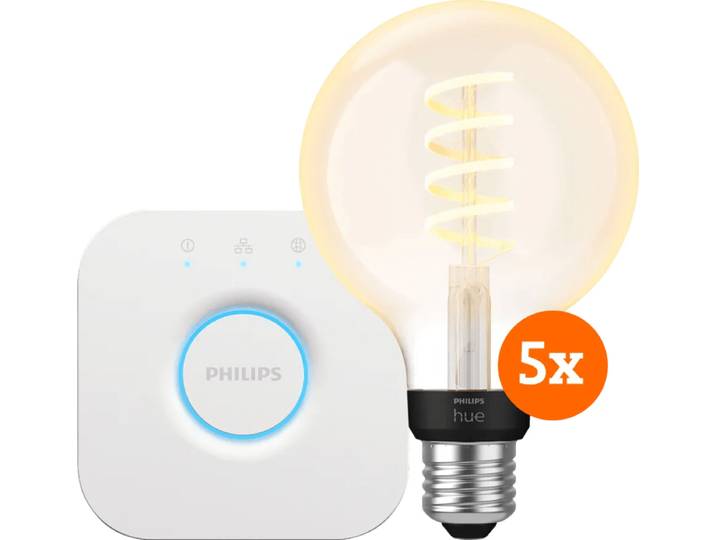 Philips Hue Filament White Ambiance Globe 5-Pack + Bridge