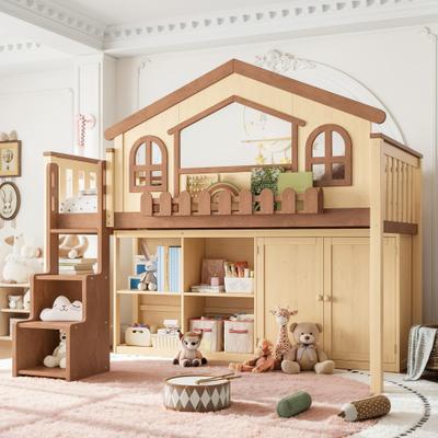 GREATPLANINC Wooden Loft Bed House Bed with Underbed Storage Stairs Cabinet Open Shelf