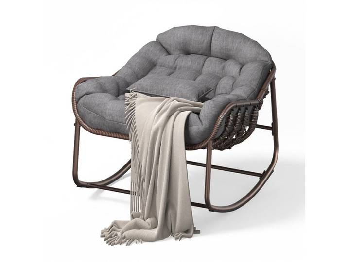 Fauteuil à bascule extérieur Papasan Oversized avec coussin moelleux – Pour jardin terrasse balcon véranda Gris