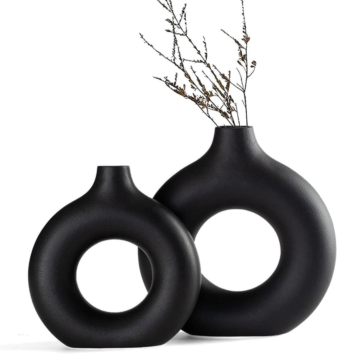 Set van 2 Keramische Donut Vazen - Mat Zwart - Decoratieve Vazen voor Huisdecoratie