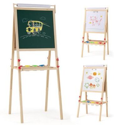 Costway Adjustable Double-sided Easel with 4 Paint Cups-Natutral