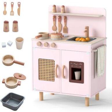 Costway Wooden Pretend Kitchen Playset with Realistic Ice Maker-Pink