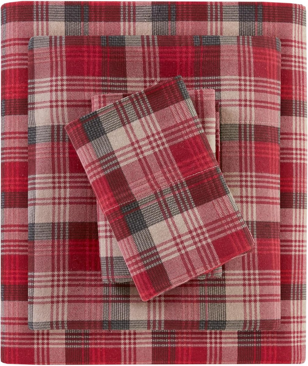 4-delige katoenen flanellen lakenset Queensize - Rood geruit