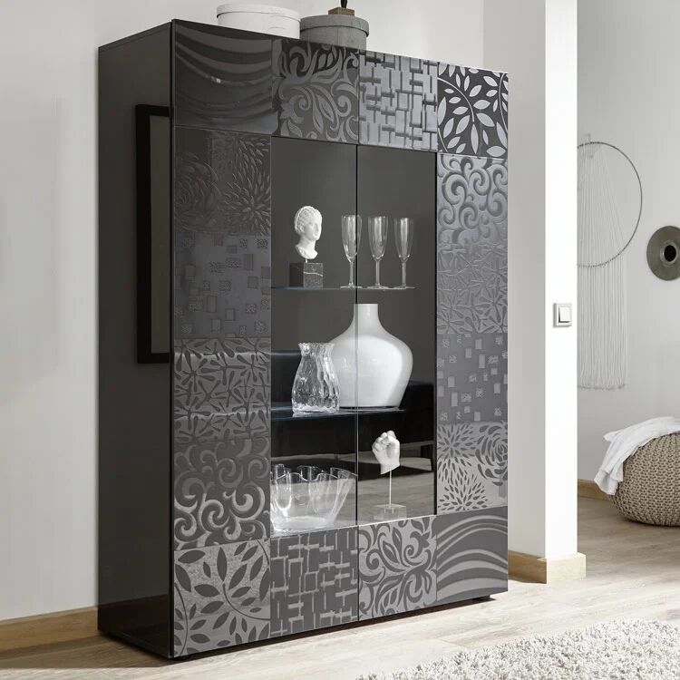 garneroarredamenti Vetrina 121x166h cm 2 ante moderna grigio scuro con serigrafia Paradise