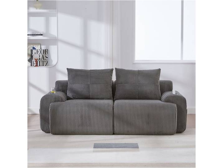 COVREO Canapé modulable 2 places en corduroy gris foncé porte-gobelet poche latérale livré sous vide
