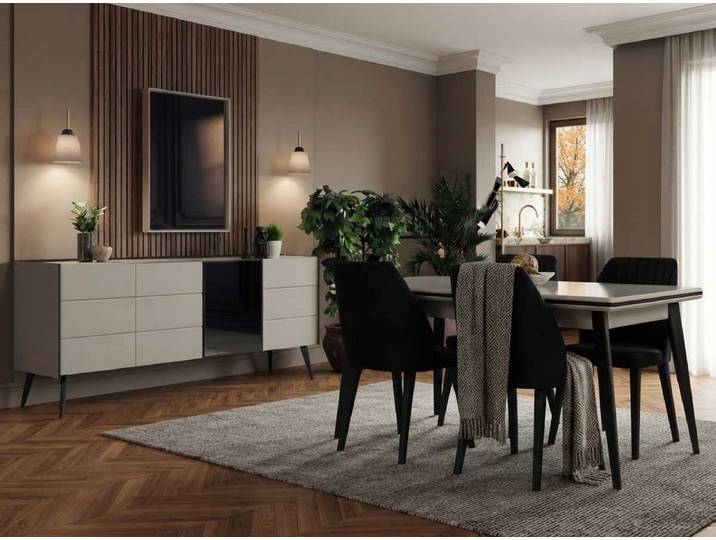 JVmoebel Essgruppe Esstisch Stühle Konsole Spiegel Beige Modern Edel Esszimmer Set, (Esszimmer Set, 7-tlg., 4er-Set)