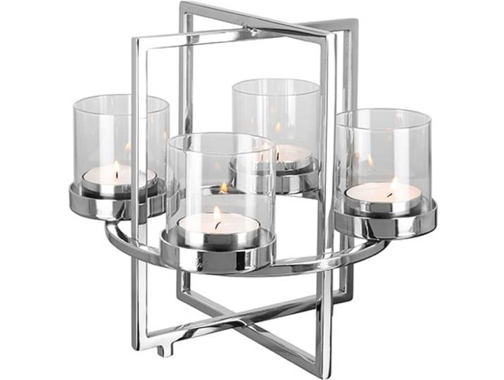Kerzenhalter FINK NORMAN, Weihnachtsdeko , silber (silberfarben), H:28cm Ø:32cm, Edelstahl, Glas, Kerzenhalter, Kerzenhalter, aus Edelstahl und Glas, 4-flammig, Adventsleuchter