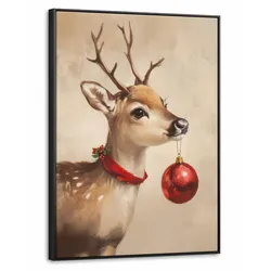 LEINWAND Bilder mit Rahmen - Weihnachten - Hirsch - Geweih - Weihnachtskugel - Rentier - 70x100
