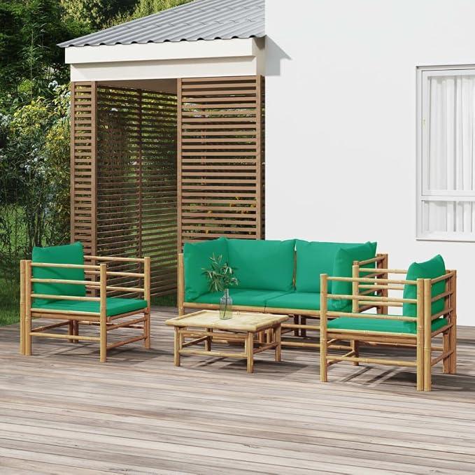 5-TLG. Bambus Garten Lounge Set mit Kissen, modulares Gartensofa mit Armlehnen und praktischem Tisch für Speisen und Getränke