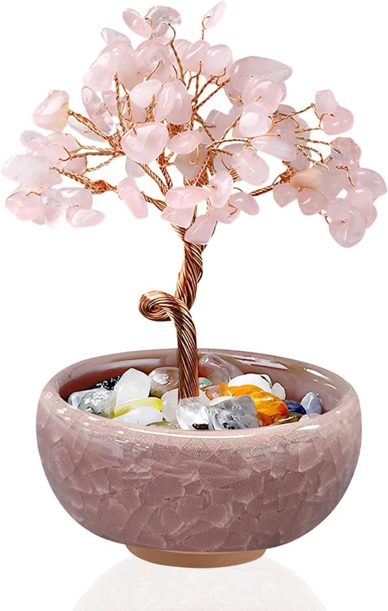 Rozenkwarts Edelsteenboompje - Roze Kristallen Levensboom Ornament voor Woondecoratie en Cadeaus