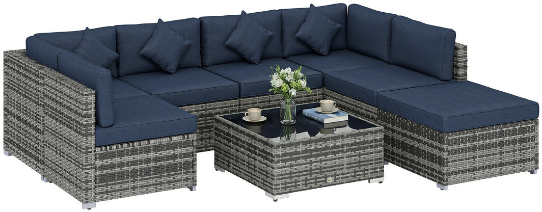 Outsunny 8 Pieces PE Rattan Corner Sofa Set Garden Furniture Set Dark Blue Grey 7