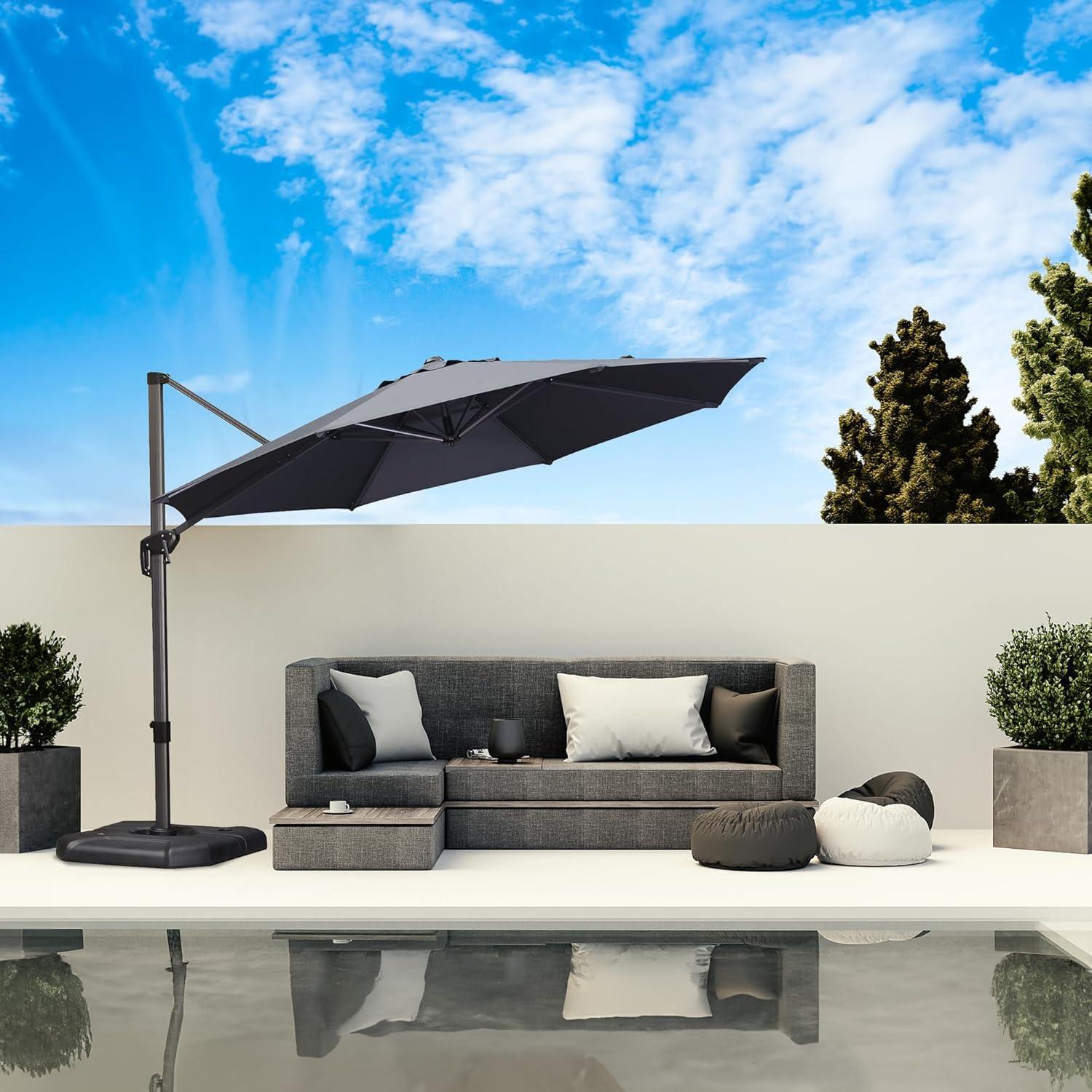 PURPLE LEAF 330 cm Sonnenschirm groß Ampelschirm Rund 360-Grad drehbar mit Fußpedal und Kreuzsockel für Terrasse, Balkon Sonnenschutz, Grau