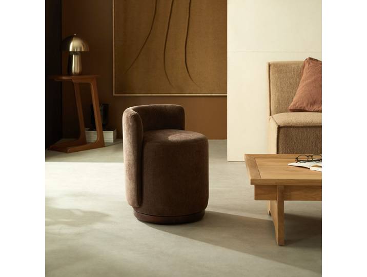 Jamie - Drehbarer Pouf aus Mangoholz und braunem Stoff - Braun