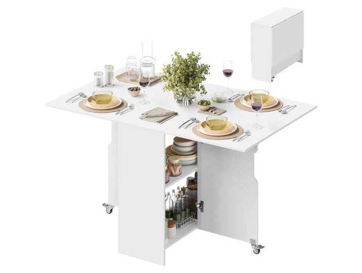 Table de Salle à Manger Pliante - WOLTU - 3 Formes Possibles - en bois d'ingénierie - À roulettes avec freins-Blanc