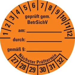 Dreifke® Prüfplakette gem.BetrSichV,beschriftbar,27-32,orange,Dokufolie,Ø40mm,10/BOG