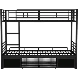 OKWISH Etagenbett Metall Schwarz 205x95,5x156,5 cm, 90x200 cm, mit Schuhablage, 2 kleinen Schränken und Fallschutz