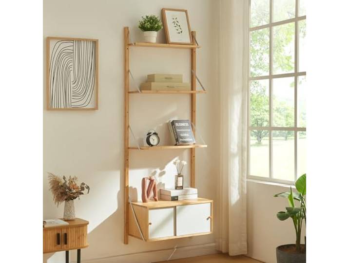 [en.casa] Wandregal Tingvoll Hängeregal 176 x 65 x 34 cm Bücherregal schwimmendes Regal mit DREI Ablagen und einem Schrank Schweberegal Bambus in Naturfarben
