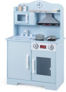 Costway Play Kitchen for Kids Wooden Playset with Range Hood and Microwave-Blue