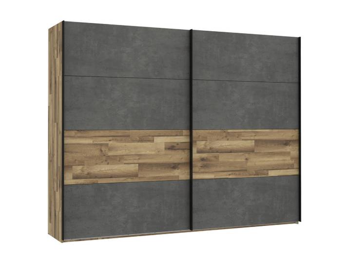 Ti'me Schwebetürenschrank, Eiche, Dunkelgrau, Metall, Kunststoff, Betonoptik, 3 Fächer, 270x211x61 cm, Beimöbel erhältlich, in verschiedenen Größen erhältlich, Schlafzimmer, Kleiderschränke, Schwebetürenschränke