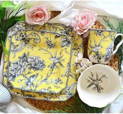 222 Fifth Adelaide 16-Piece Porcelain Dinnerware Set with Square Dishes, Yellow