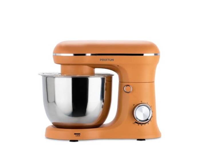 PRIXTON KR250 Knetmaschine für Backwaren, Leistung 1500 W, 10 Geschwindigkeitsstufen, 5 Liter Edelstahlschüssel, 3 Zubehörteile, transparenter Deckel (Orange)