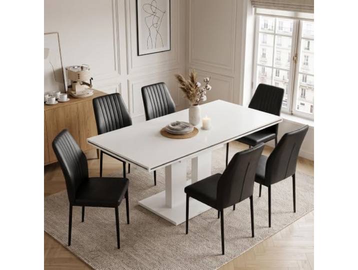 JIEXI Ausziehbar Esstisch mit 6 Stühlen Set, Esszimmertisch 140-180cm MDF Esstisch, 6 Gepolsterte Küchenstühle, für Esszimmer, Wohnzimmer, Küche