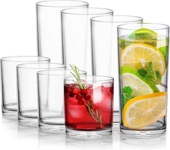 Unyqoos Set van 8 Acryl Drinkglazen, Transparant, 4 x 12 oz en 4 x 16 oz, Breukbestendig en BPA-vrij