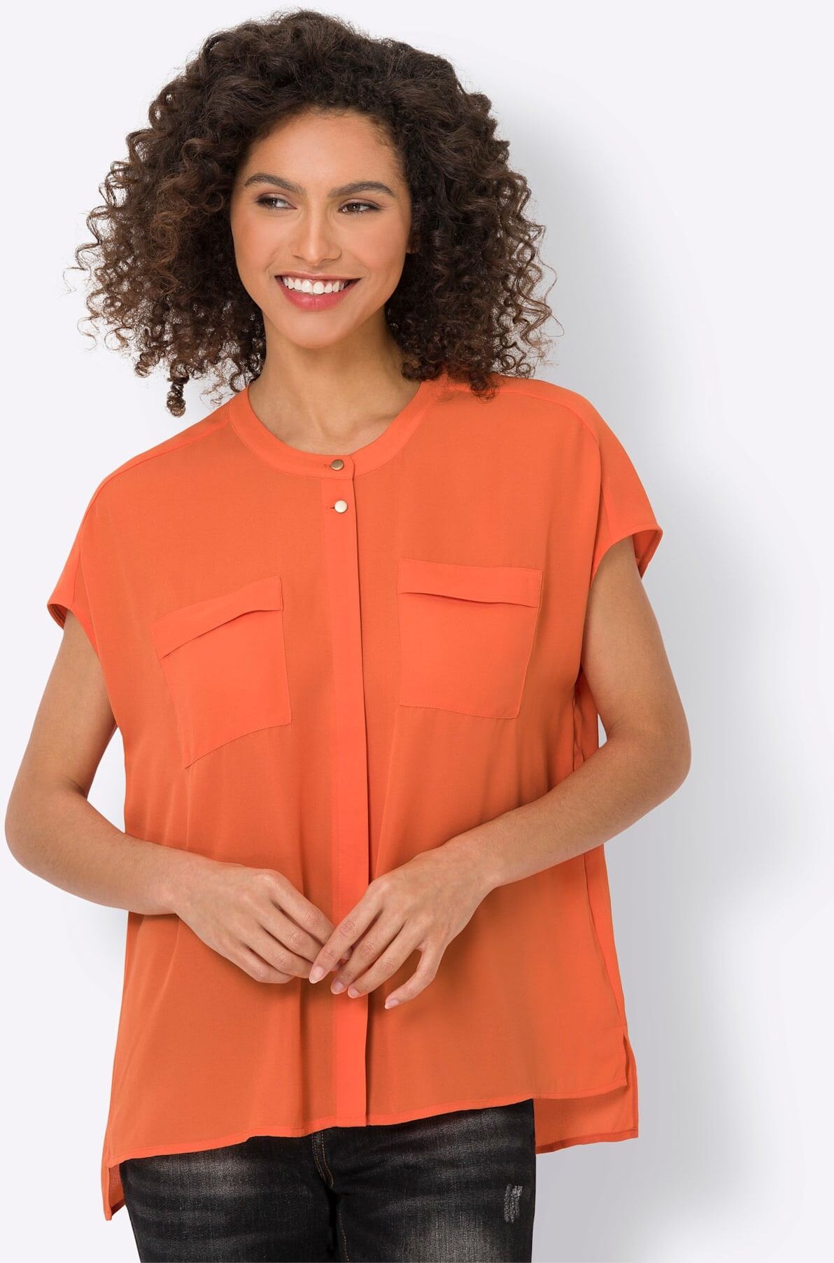 Kurzarmbluse HEINE, Damen, Gr. 34, orange, 100% Polyester, unifarben, Rundhals, Blusen Kurzarmbluse orange 34