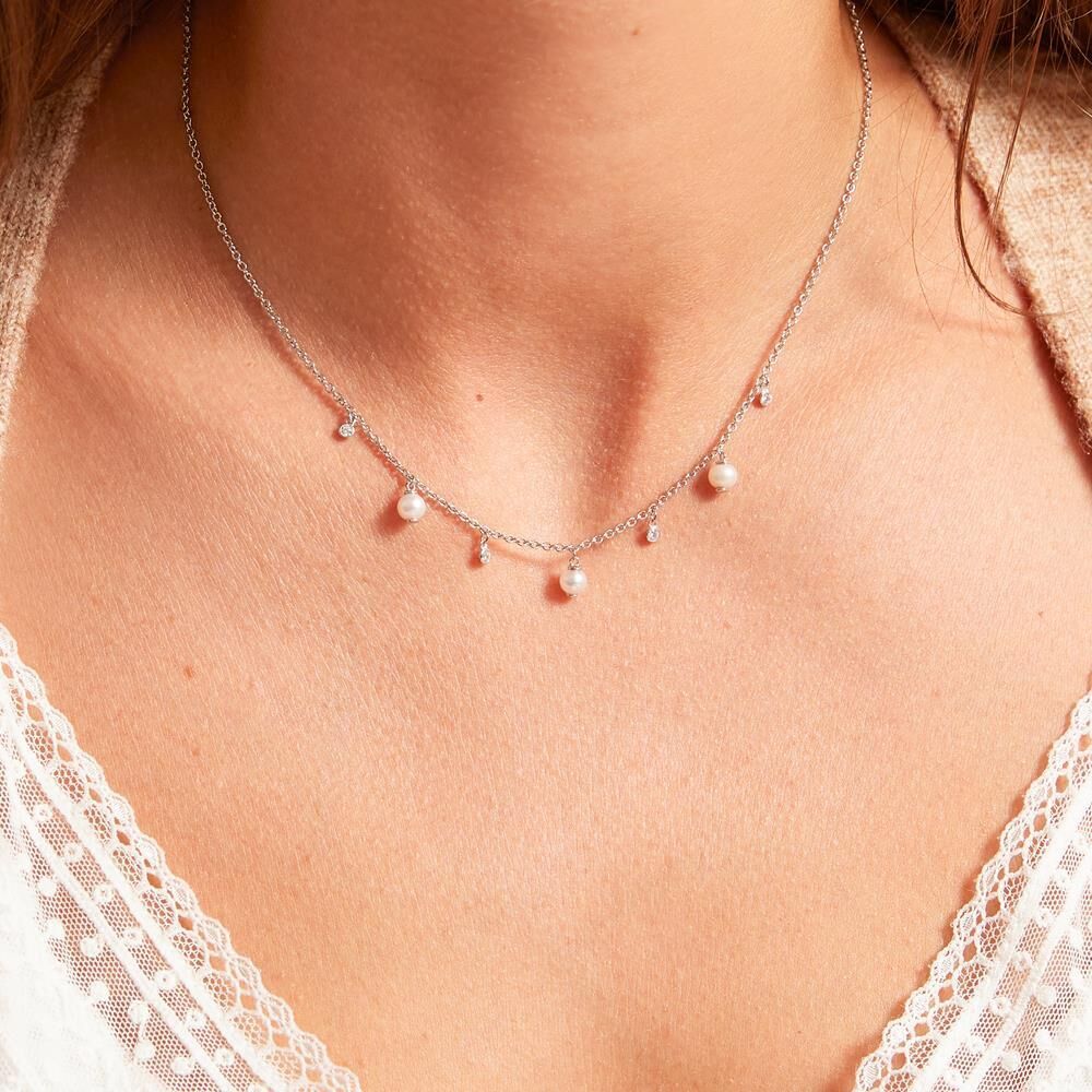 Unique Damenkette aus Sterlingsilber mit Perlen und Zirkonia silber