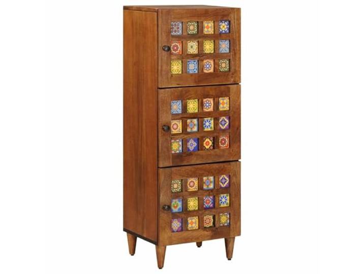 Xolmizyn Highboard Walnuss/Massivholz Mango Anrichte Schrank 40x33x110 cm 3 Scharniertüren, Moderner Wohnraum-Stil, Stabile quadratische Holzbeine