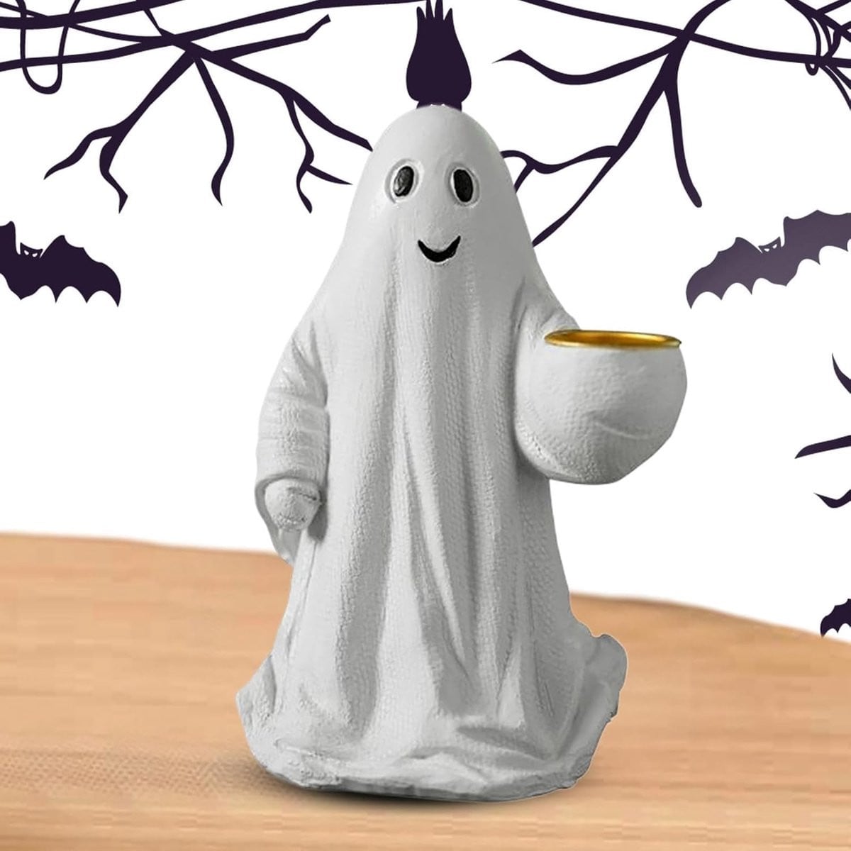 Handbeschilderd Spookbeeldje Decoratie - Wit Hars Figuur - Hoogte: 18 cm