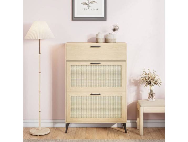 Meuble Chaussures Meuble de Rangement à Chaussures Armoire Commode à Chaussures Meuble d'entrée Rangement avec porte en rotin brun