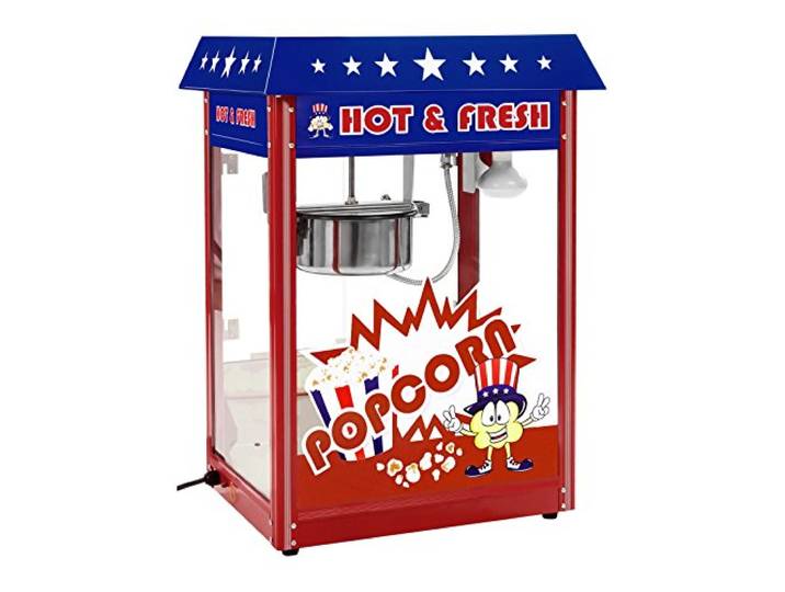Royal Catering Popcornmaschine, Retro-USA-Design, 1 500 W, 5 kg/h Beleuchteter Innenraum, Wärmefunktion, entnehmbarer Topf mit Antihaftbeschichtung, Krümelschublade