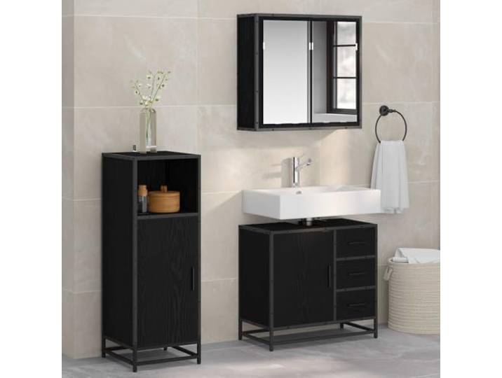 YUTAASU Badezimmermöbel Set 3 STK Schwarz Eiche 65x33x60 cm Holzwerkstoff, Spiegel Inklusive, Viel Stauraum, Waschbeckenunterschrank, Regal
