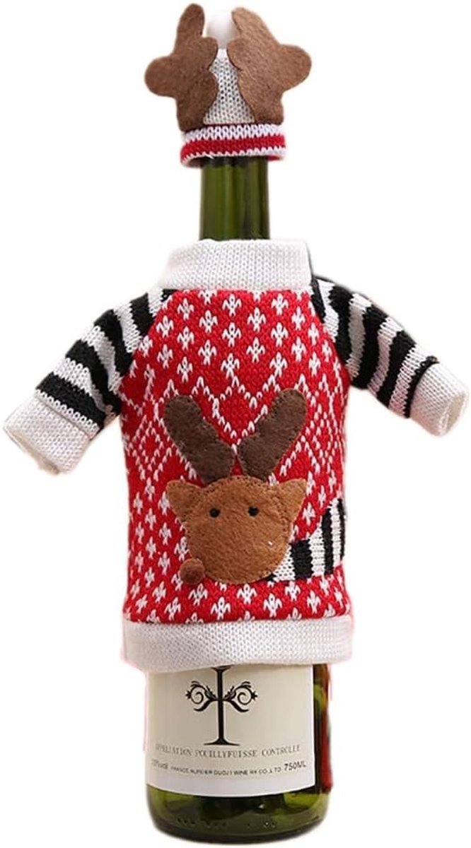Wijnfles Decoratie Kerst Sweater - Feestelijke Tafeldecoratie - Rood