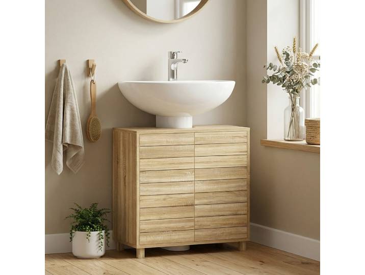 Meuble sous lavabo avec découpe portes à lattes bois naturel