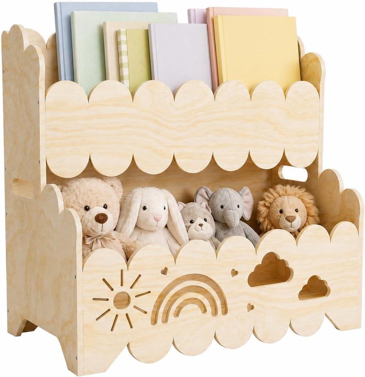 Montessori Kinderboekenrek met 2 Niveaus in Houtkleur voor Zelfstandig Lezen