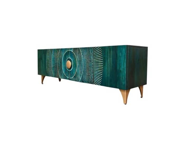 Riess Ambiente Massives TV-Lowboard GOLDEN Sunset - 180x55x40cm - türkis Lackiert, 3D-Schnitzereien in Handarbeit, Kabelöffnung, Soft-Close-Funktion, höhenverstellbare Füße, Umkippsicherung