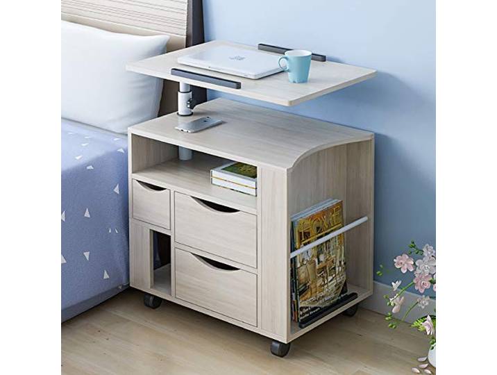 ZXFDM Massivholz-Nachttisch mit drehbarem Regal, multifunktionaler Aufbewahrungs-Nachttisch mit 2 Schubladen, Sofa-Beistelltisch, robust und einfach zu montieren, weißer Ahorn