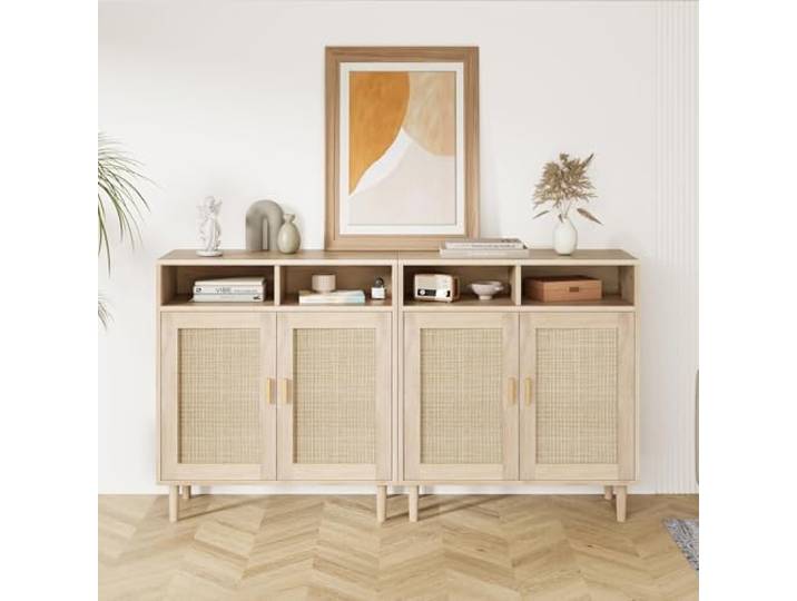 IDEALHOUSE 2er Set Sideboard Rattan 80cm Kommode Holz Schrank 2er Set MDF+PB Rattan Sideboard 80x40x94 cm. Einfache Montage, ideal für Wohnzimmer, Flur & Familien.