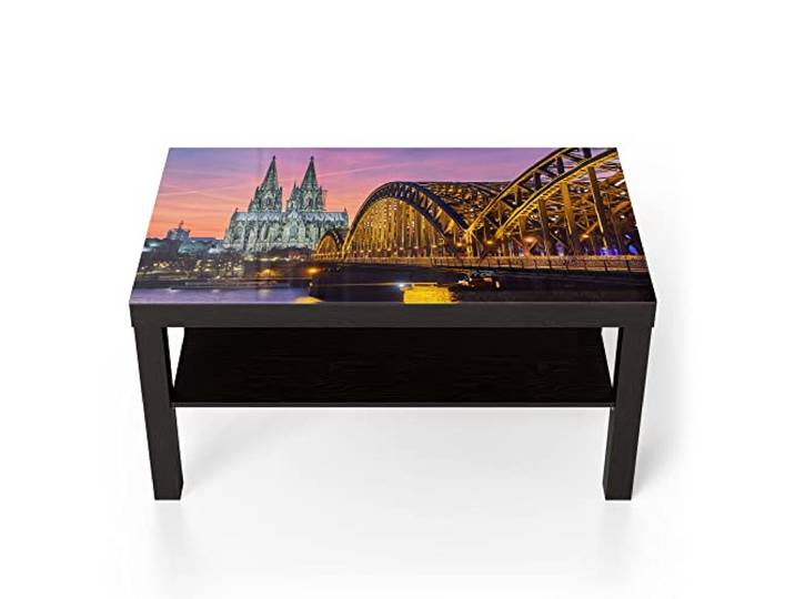 DEQORI Glastisch schwarz groß 90x50 cm Motiv Kölner Wahrzeichen abends ausgefallener Beistelltisch aus Glas Hochglanz Couchtisch fürs Wohnzimmer moderner Couch Tisch mit Design