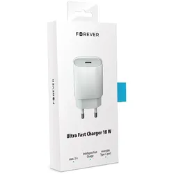 Telforceone Haushaltsladegerät Forever PD (18W) Typ-C in einer weissen Verpackung (18 W, 1 Port), USB Ladegerät, Weiss