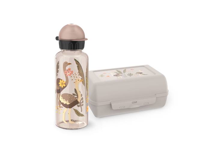Kindergeschirr-Set EMSA Kids , beige (braun, motiv: strauß), 2, Kunststoff, Polypropylen, Tritan™, Geschirr-Sets, Kindergeschirr-Set, Tritan-Trinkflasche, 0,6 l, Vorratsdose mit herausnehmbarem Trenner