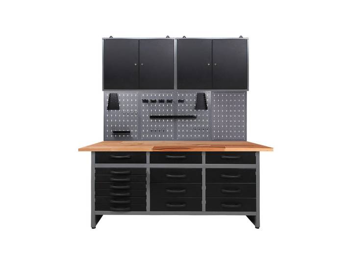 Werkbankset, Anthrazit, Grau, Holz, Metall, Buche, 15 Schublade(n) Schubladen, 160x205x60 cm, Fsc, Freizeit, Heimwerken, Werkstatt