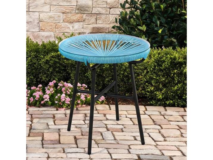 Table basse ronde Ø 50 cm en résine tressée bleu et métal plateau verre trempé 5 mm pour jardin et terrasse