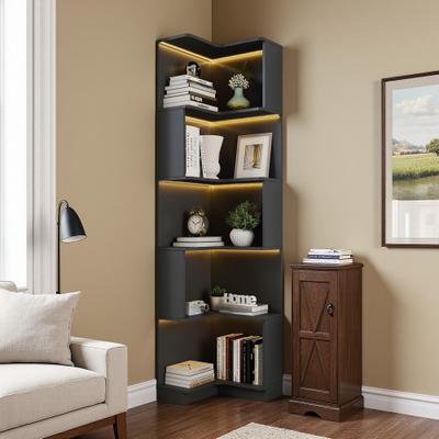ZWYO HOSIMU "68.9"" 5-Tier Corner Bookshelf with Baffle & LED Lights, Freestanding L-Shaped Display Shelf Stand for Living Room, Bedroom"