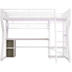 OKWISH Hochbett Metall/MDF Weiß 90x200 cm, mit Lichtleiste, Steckdose, Schreibtisch und Kleideraufhängung