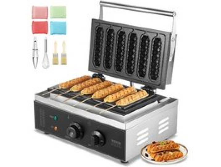 VEVOR Gaufrier Commercial, 6 Pièces 1500W Gaufrier Machine, Gaufrier Antiadhésif en Acier Inoxydable pour Hot Dog avec Contrôle de la Température et du Temps, Poignée, pour Boulangerie Snack Bar