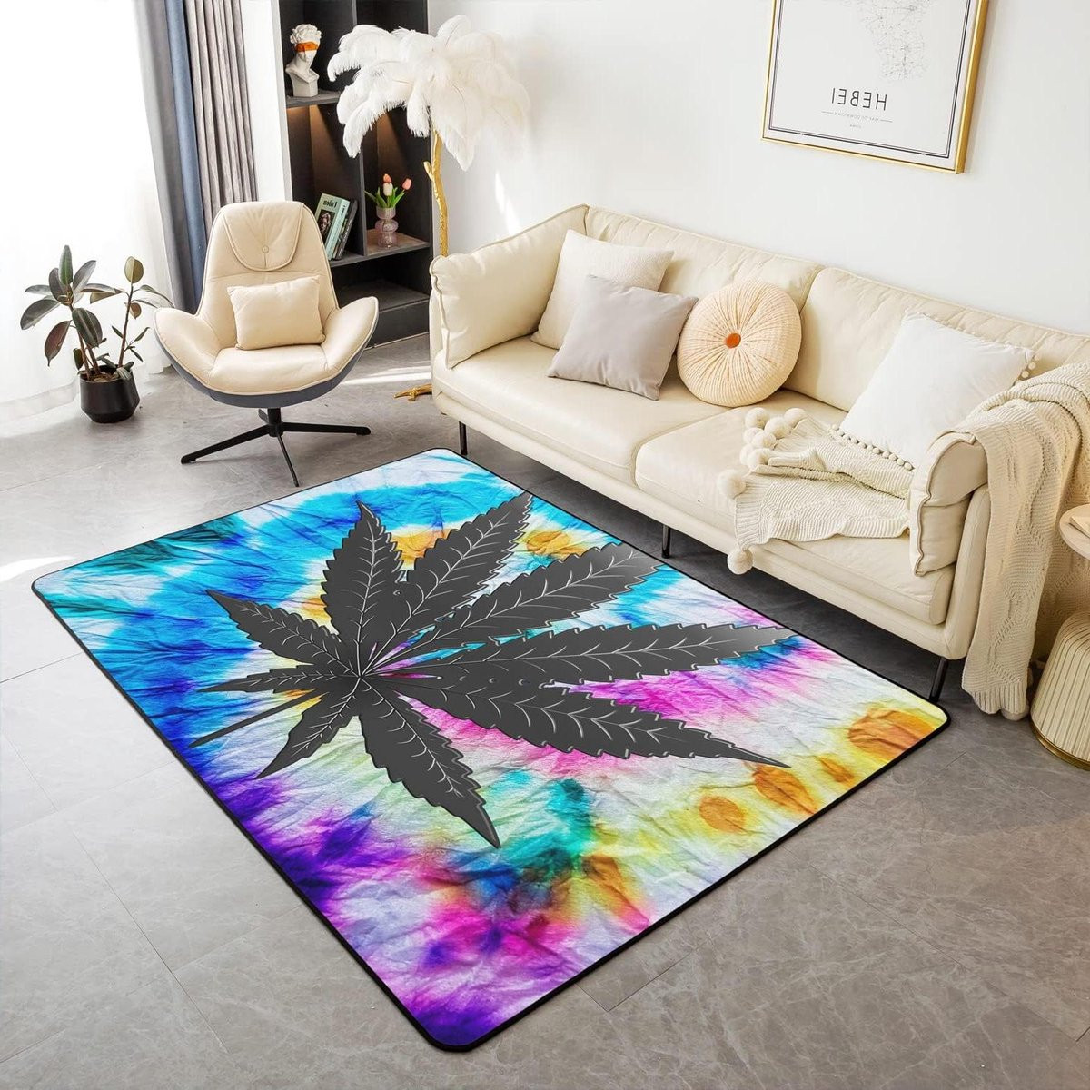 Zacht Marihuana Area Tapijt met Cannabis Bladeren - Boho Trippy Tie Dye Vloermat van Flannel - 100 x 150 cm